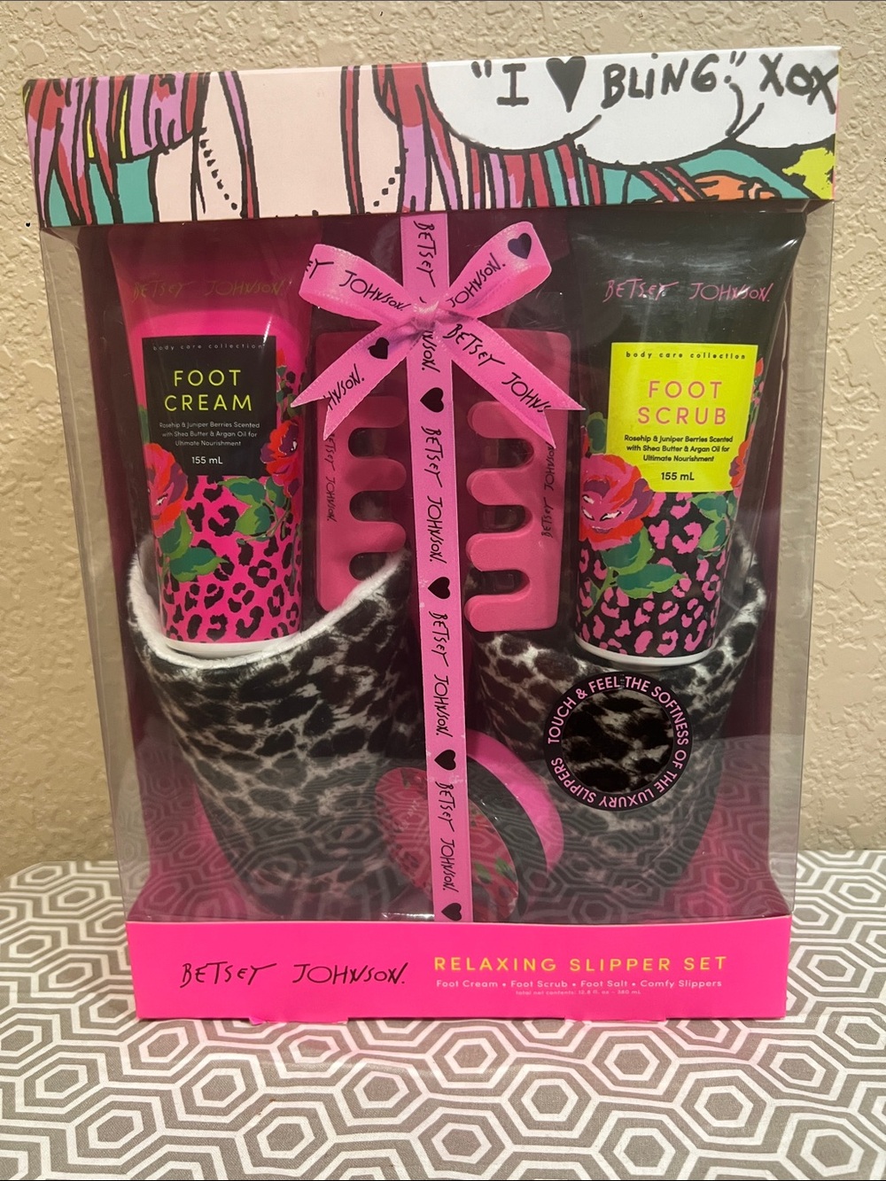 Betsey Johnson Pink & Black Leopard Relaxing Slipper Gift Set